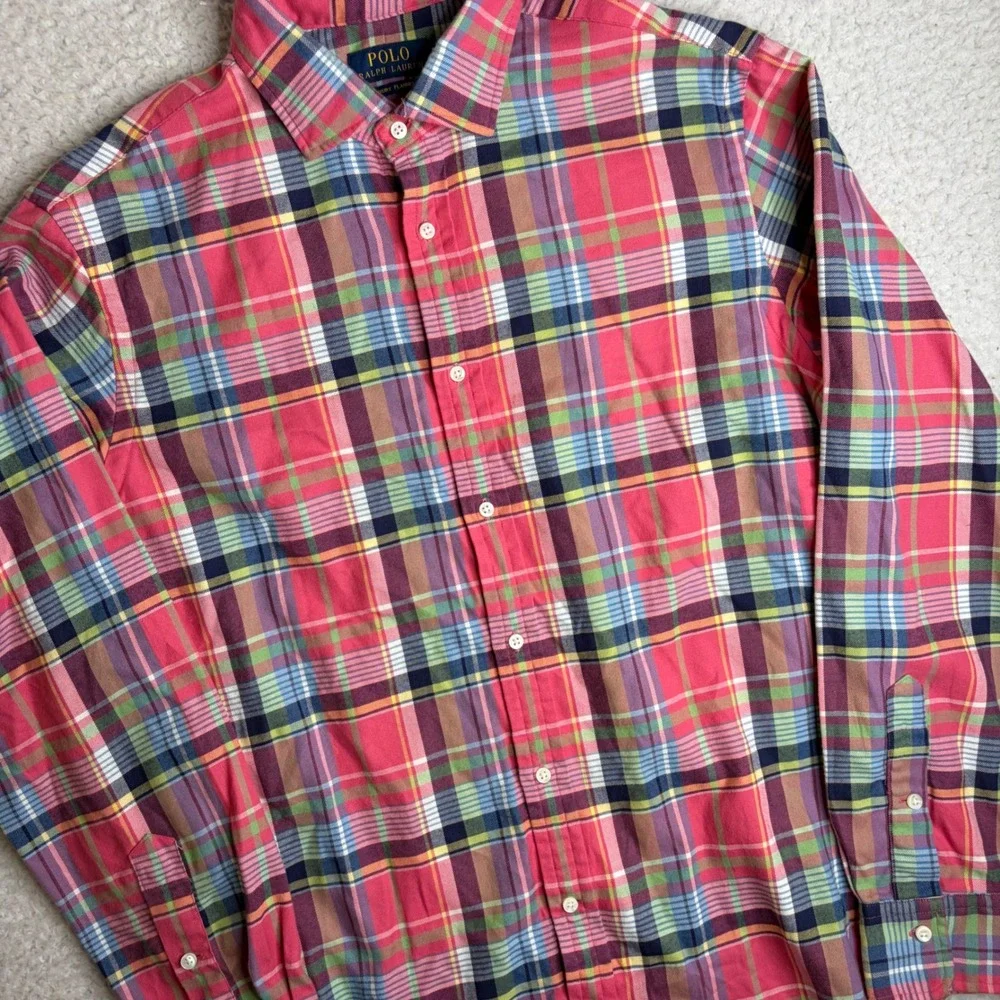 Polo Ralph Lauren Luxury Flannel Shirt Mens Large Pink Plaid Long Sleeve Button